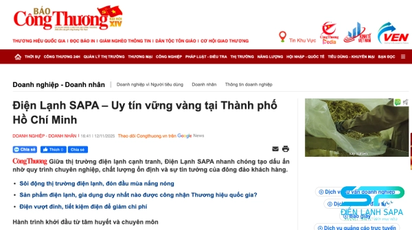 Báo Công Thương ghi nhận Điện Lạnh SAPA là đơn vị điện lạnh uy tín tại TP.HCM