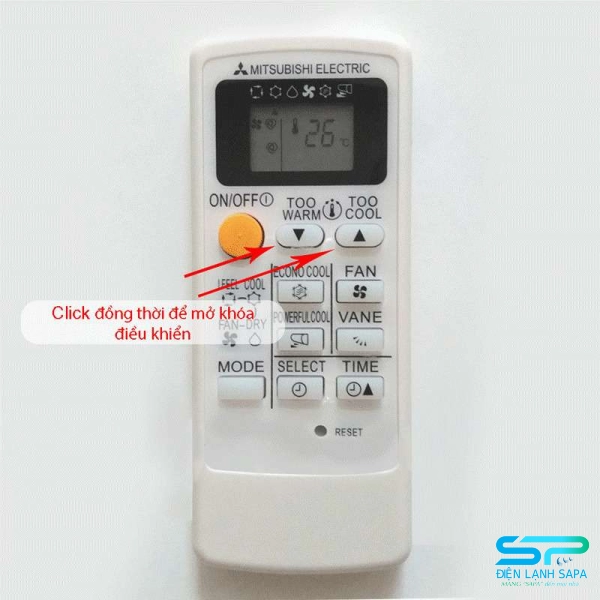 Chỉ cần bấm 2 nút tăng giảm nhiệt độ cùng lúc là bạn đã có thể mở điều khiển máy lạnh bị khóa