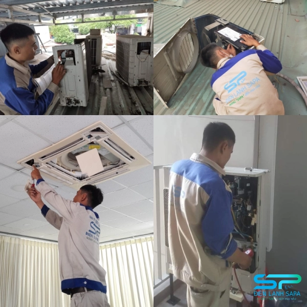 Thợ sửa máy lạnh tại nhà Thủ Đức của Điện Lạnh SAPA đang kiểm tra và sửa chữa máy lạnh cho khách hàng