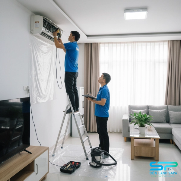 Kỹ thuật viên Điện Lạnh SAPA tuân thủ quy trình và kiểm soát chất lượng khi thi công tại nhà khách