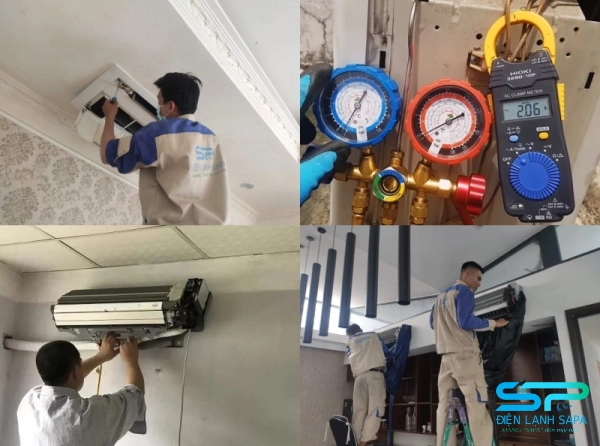 Thợ SAPA hút gas và tháo máy lạnh cũ tại nhà trọ showroom Tân Bình đúng quy trình không hư linh kiện