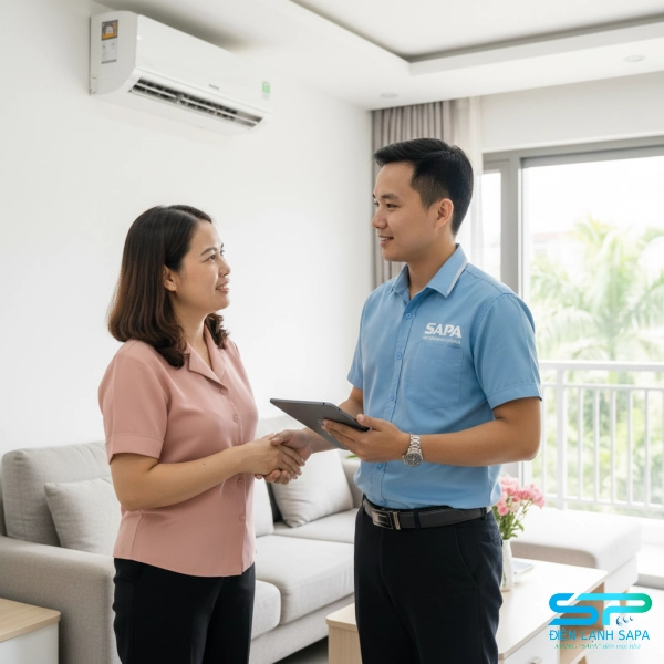 Kỹ thuật viên Điện Lạnh SAPA kiểm tra máy lạnh và tư vấn cho khách hàng tại TP.HCM