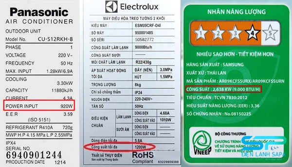 nhãn ghi rõ mức điện tiêu thụ của điều hòa mỗi giờ trên sản phẩm