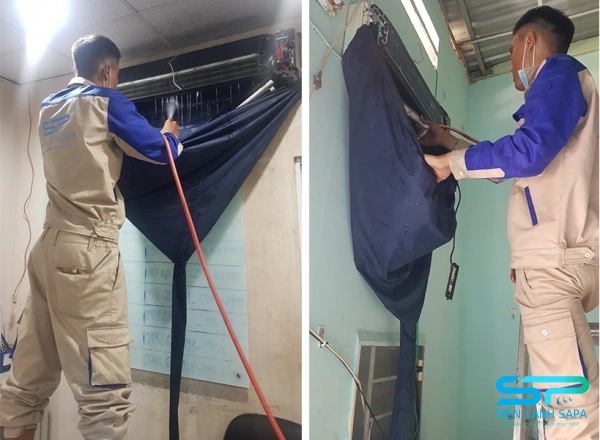 Nhân viên điện lạnh Sapa tiến hành làm sạch sâu dàn lạnh