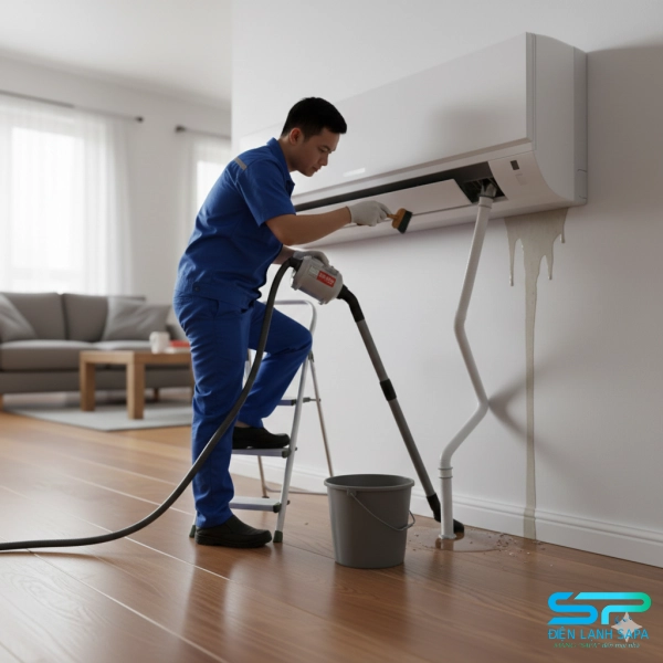 Kỹ thuật viên sửa máy lạnh bị chảy nước tại nhà khách hàng