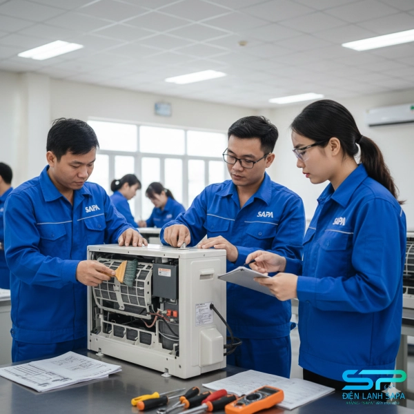 Kỹ thuật viên Điện Lạnh SAPA thực hành vệ sinh và kiểm tra máy lạnh trong buổi đào tạo