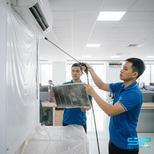 Kỹ thuật viên Điện Lạnh SAPA vệ sinh dàn lạnh và lưới lọc máy lạnh văn phòng đúng kỹ thuật