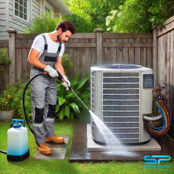 Kỹ thuật viên Điện Lạnh SAPA vệ sinh dàn nóng máy lạnh ngoài trời tại quận Bình Tân