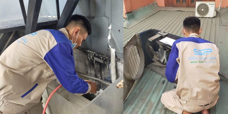 nhân viên điện lạnh khắc phục máy lạnh chảy nước